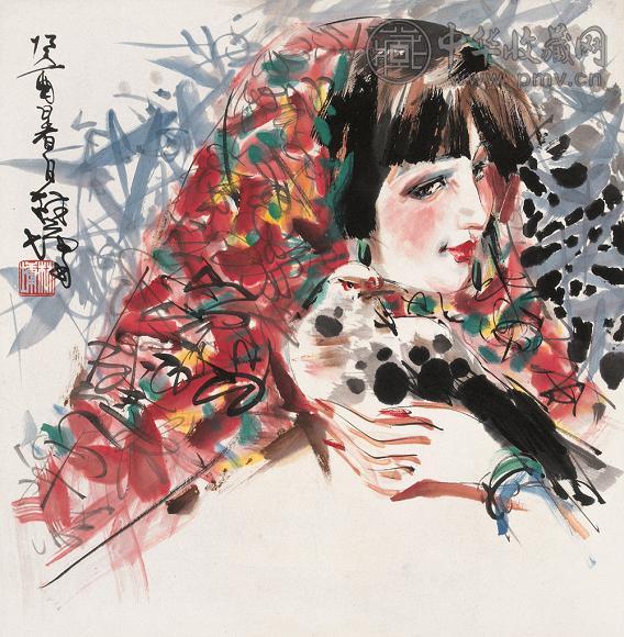 林墉 鸽子少女 镜心 设色纸本