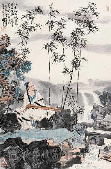 刘旦宅 1993年作 临流抚琴 立轴 设色纸本