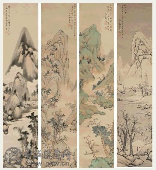 许凤 1859年作 四季山水屏 一堂四幅 立轴 设色纸本