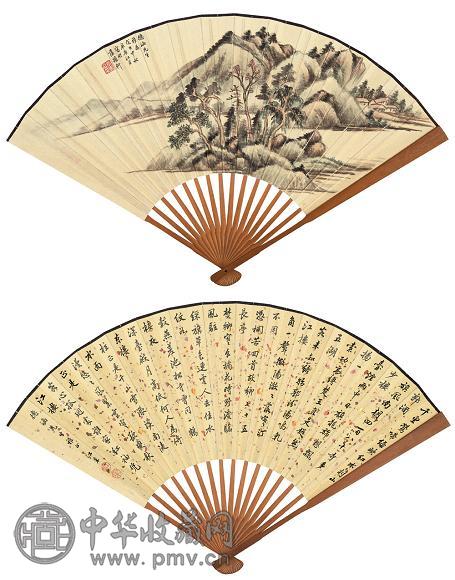 江采 戊子(1948年)作 书画合璧扇 设色纸本