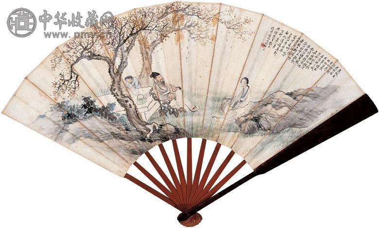 金健吾 东坡朝云图并行书 成扇 设色纸本