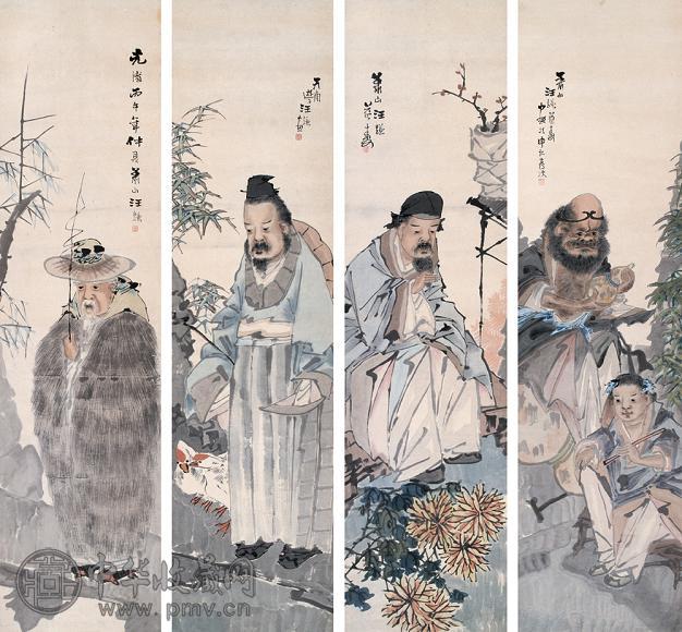 汪谦 1906年作 高逸图 四屏 设色纸本