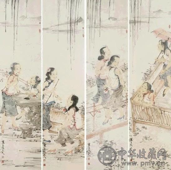 何士扬 仕女 四屏 设色纸本