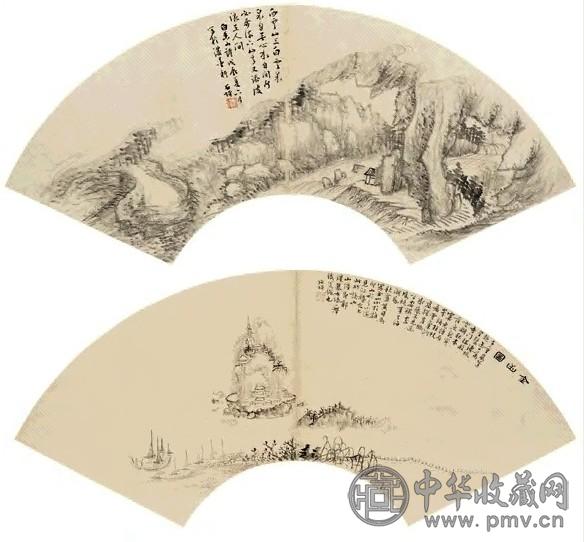 戴鉴 1868年作 白居易诗意图、镇江金山图 扇面(2幅) 纸本水墨