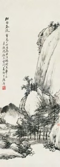 陆铁夫 松林春游 立轴 设色纸本