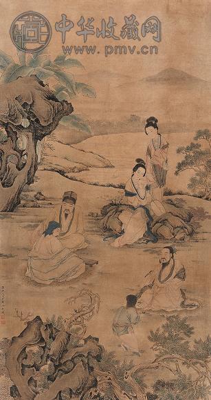 秋庭雅集图 立轴 设色纸本