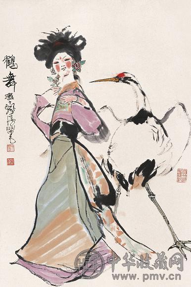 程十发 鹤舞 立轴 设色纸本