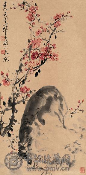 朱颖人 梅花寿石图 立轴 设色纸本