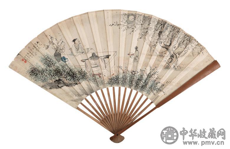 房虎卿 梅花高士图 成扇 设色纸本