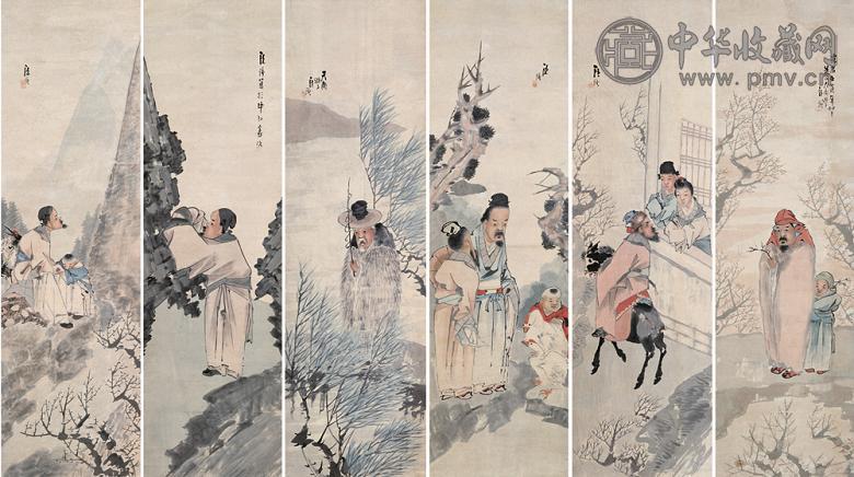 汪谦 光绪壬寅(1902年)作 人物故事 条屏 设色纸本