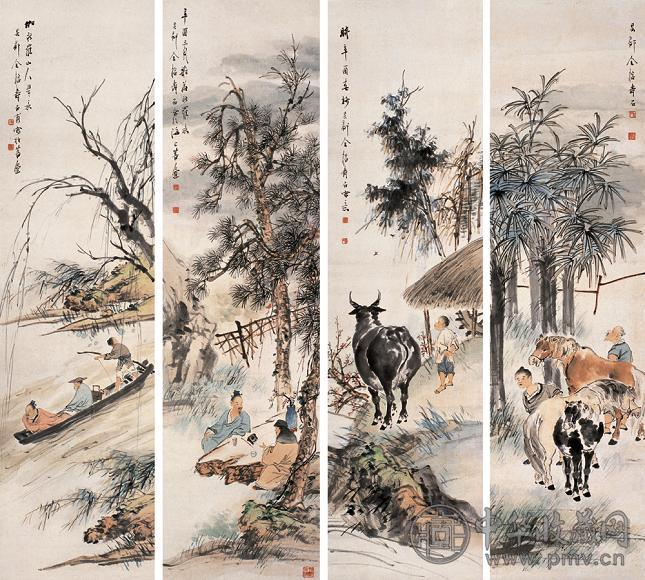金榕 1921年作 人物 四屏 设色纸本