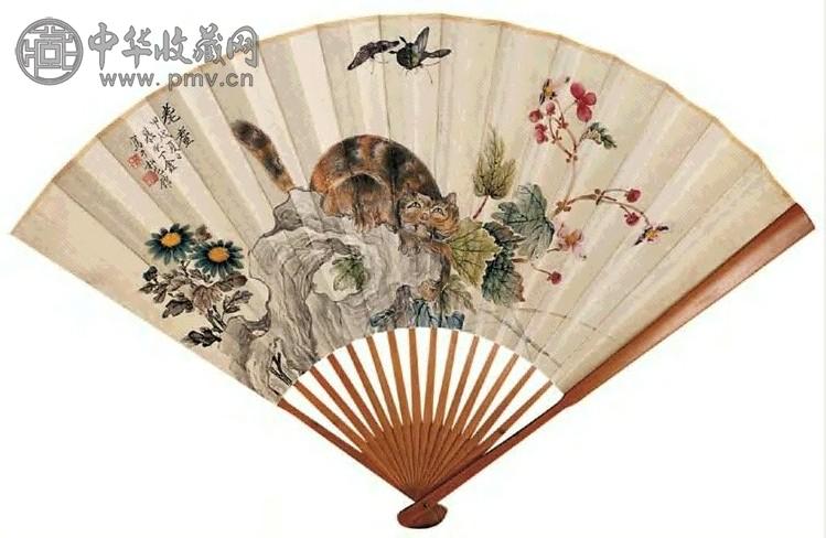 丁慕冰 甲戍(1934年)作 耄耋图 扇面 设色笺本