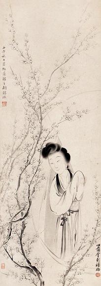 胡锡珪 壬午(1882年)作 梅花仕女 立轴 水墨纸本