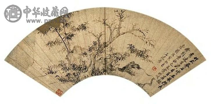 王建章 竹石 扇面 水墨金笺