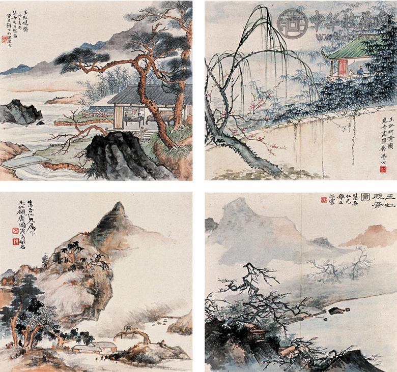 黄君璧 李凤公 卢振寰等 玉虹砚斋图册 册页(10开选4) 设色纸本