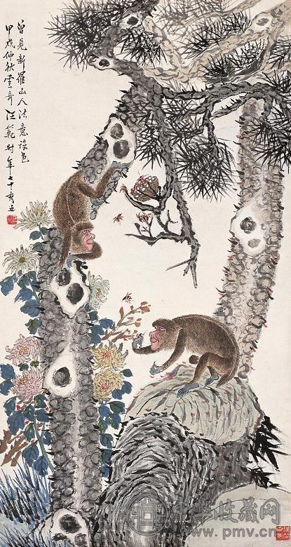 汪范 甲戌(1934年)作 松猴 立轴 纸本设色