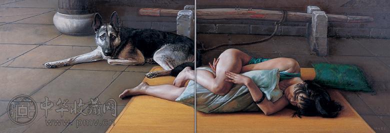 夏星 1998年作 南门等雨 （两联） 布面油画