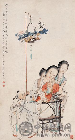 曹华 1876年作 灯下课子图 立轴 设色纸本