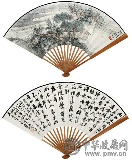 宋文治 陆俨少 1955年作 古干虚亭图 行书录姜石帚词 成扇 设色纸本