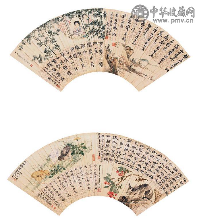 叶大荣 任小松 扇面双挖 镜心 设色纸本