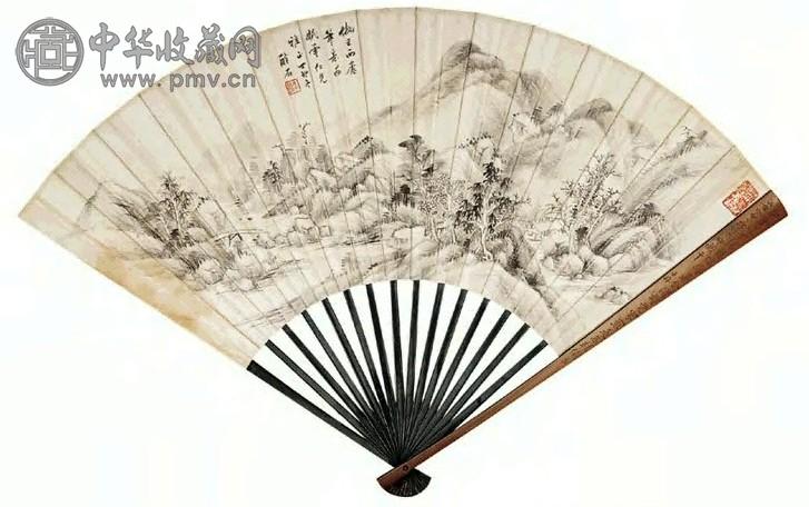 李涛 叶尔恺 山水 草书 成扇 水墨纸本