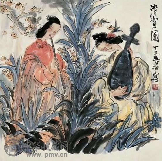 杨春华 丁丑(1997)年作 清赏图 镜框 设色纸本