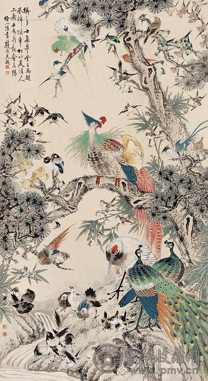 徐小隐 百鸟朝凤 立轴 设色纸本