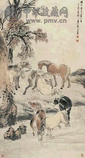 倪墨耕 八骏图 立轴 设色纸本