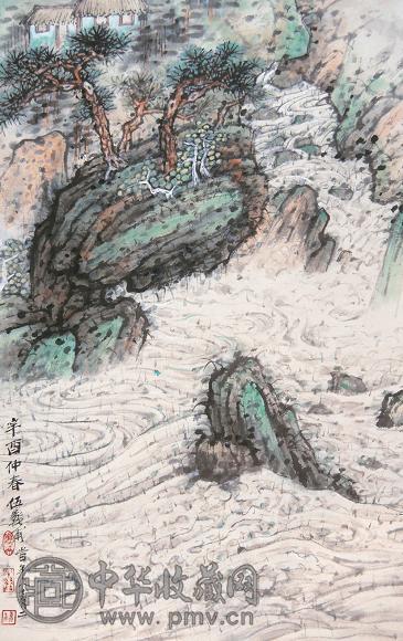 伍蠡甫 山水人家 立轴 设色纸本