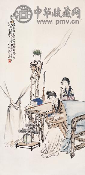 郭梁 秋夜读书 立轴 设色纸本