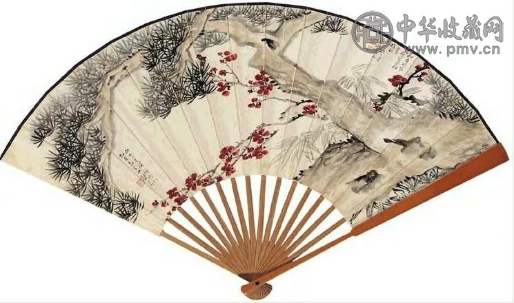 都俞 松梅图 书法 扇面 十六档 设色纸本