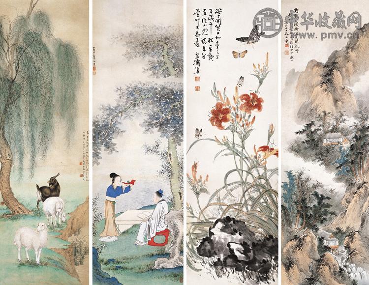 吴友儒 寿石工 管平湖等 1944年作 山水 人物 花鸟 动物 四屏 设色纸本