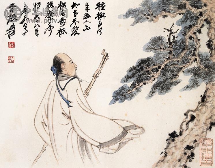 张大千 1979年作 松下高士 镜心 设色纸本