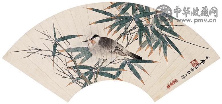 胡问遂 甲辰(1964年)作 工笔鸟竹 扇面 设色纸本
