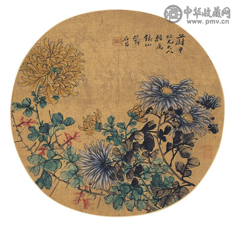 邓启昌 菊花图团扇 立轴 水墨泥金绢本