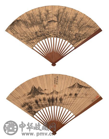 王建章 壬申(1632年)作 双面画扇 水墨金笺