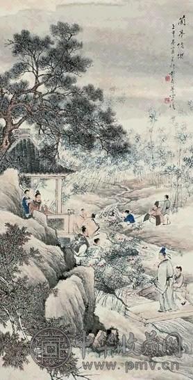 彭寿年 壬申(1932年)作 兰亭修褉 立轴 设色纸本