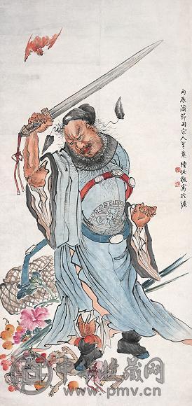 陆恢 1916年作 锺馗引福图 立轴 设色纸本