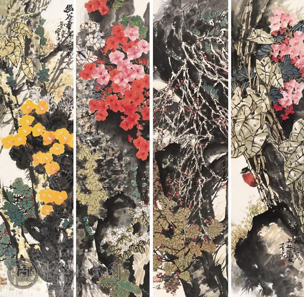 王晋元 当代 花卉屏 镜心 设色纸本