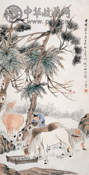 倪田 1902年作 饲马图 立轴 设色纸本