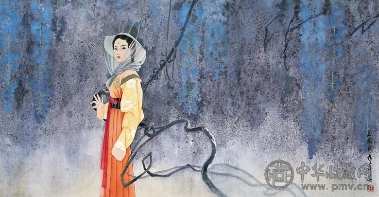 温国良 1993年作 藤阴少女 镜心 纸本设色