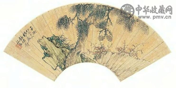 邓启昌 松寿图 扇面 设色金笺