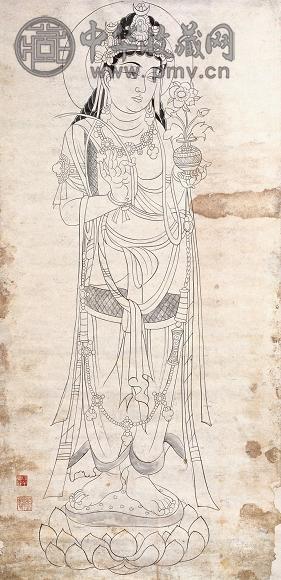 张大千 白描观音大士 镜心 水墨纸本