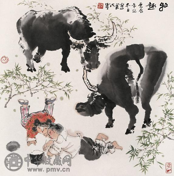 梁洪涛 2000年作 牧趣 立轴 设色纸本