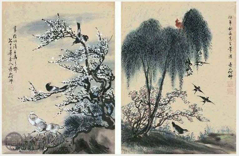 何翀 花鸟 二张 镜心 设色纸本