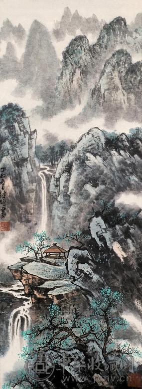 劳继雄 丁卯(1987年)作 万壑流泉 立轴 设色纸本