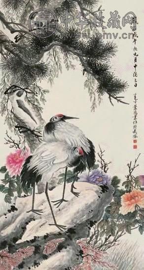 叶鸿业 戊午(1918年)作 松鹤延年 单片 设色纸本