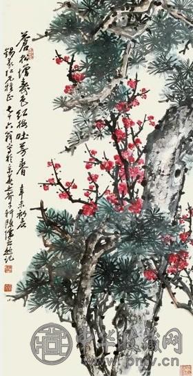 魏隐儒 1991年作 红梅苍松 立轴 设色纸本