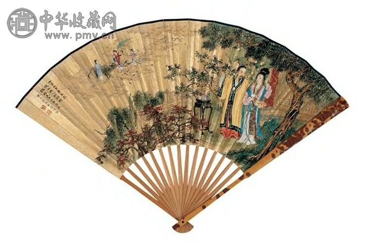 叶大荣 长生殿中 成扇 设色金笺