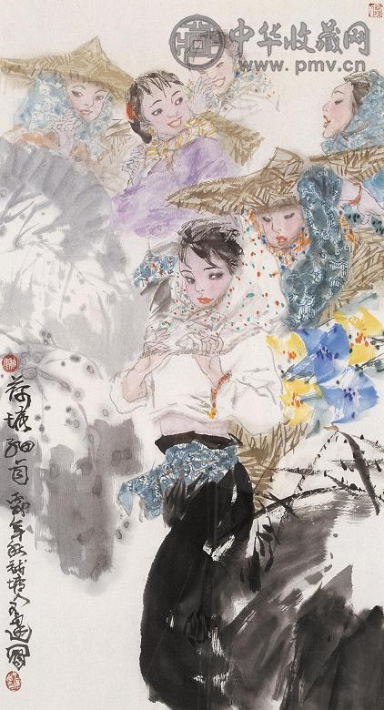 王建 荷塘细雨 镜心 设色纸本